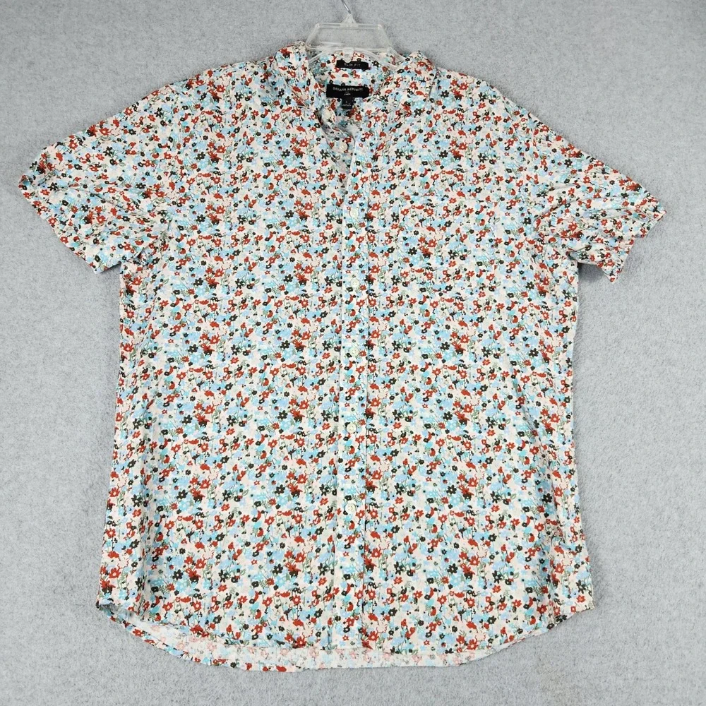Banana Republic Shirt Mens Large Multi Floral Linen Blend Slim Fit Short Sleeve